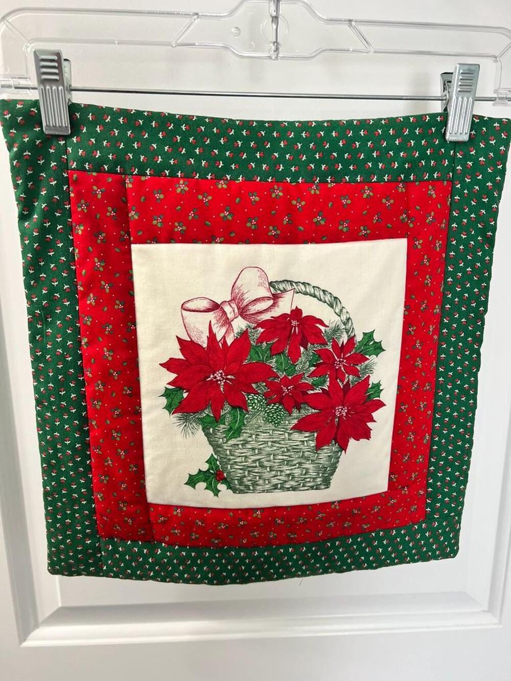 Vintage Poinsettia Quilted Wall Hanging, Cottage Christmas Fabric Banner